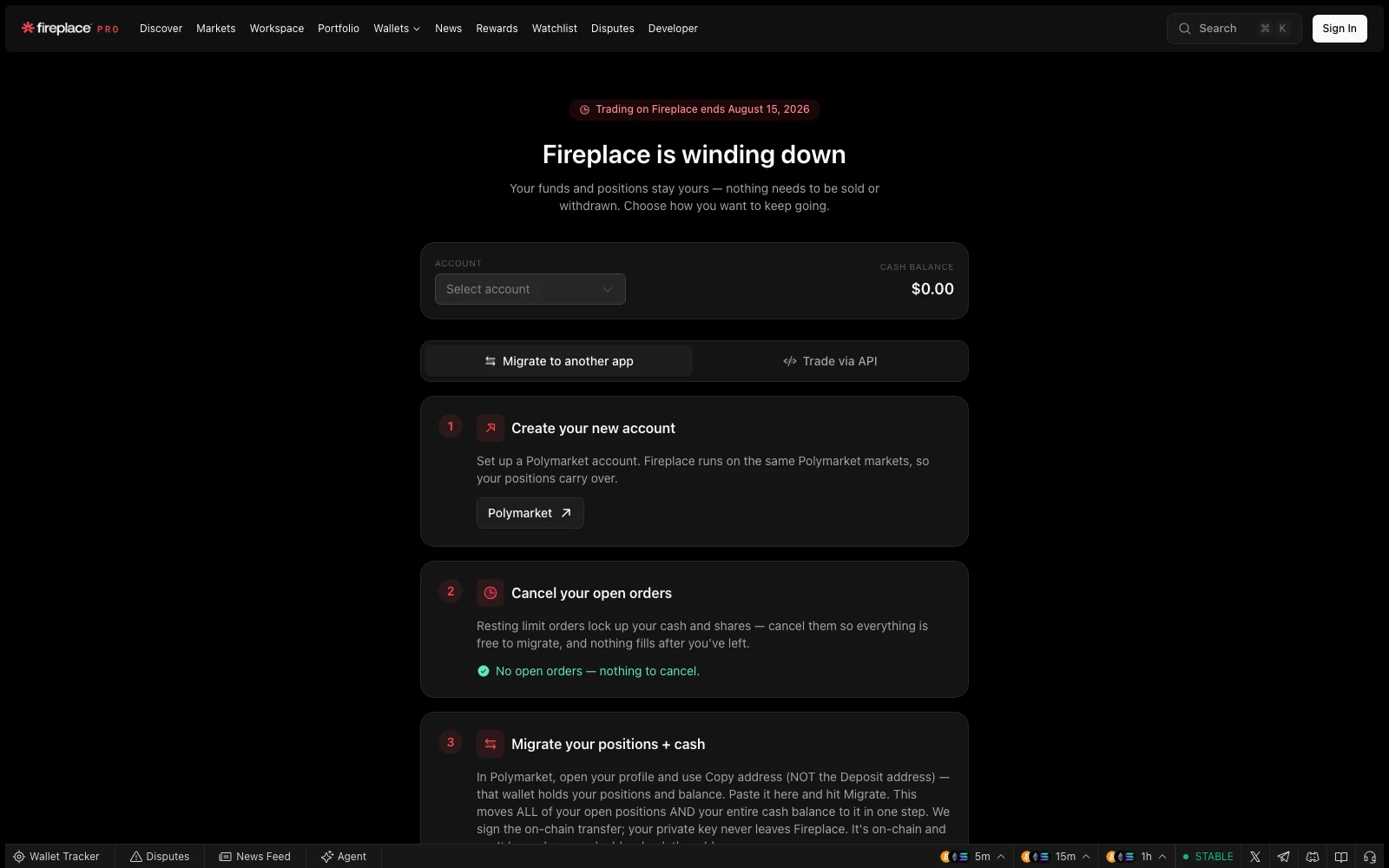 The Fireplace wind-down screen at pro.fireplace.gg, headed "Fireplace is winding down" with a banner reading "Trading on Fireplace ends August 15, 2026", a Migrate to another app tab, and three numbered steps: create your new account, cancel your open orders, and migrate your positions plus cash.