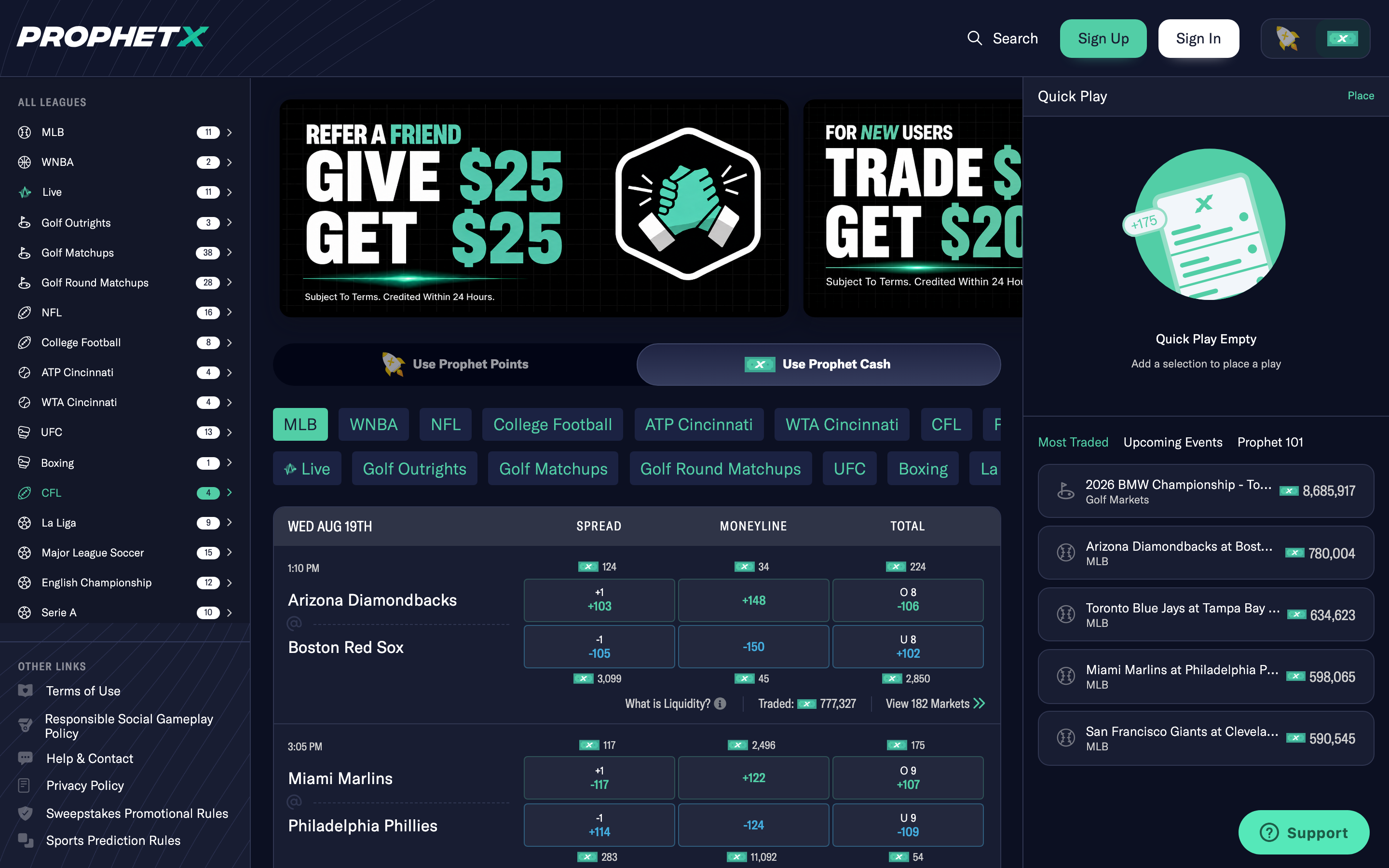 The ProphetX trading interface on August 19, 2026, showing MLB games with spread, moneyline, and total prices, visible per-market liquidity figures, a Prophet Cash balance toggle, a Quick Play panel, and a Most Traded rail led by golf markets.