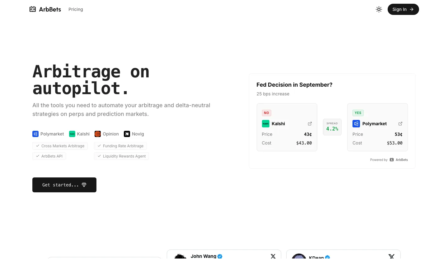 The ArbBets landing page showing a September Fed decision contract priced at 43 cents on Kalshi against 53 cents on Polymarket, with the cost of each leg calculated beneath.
