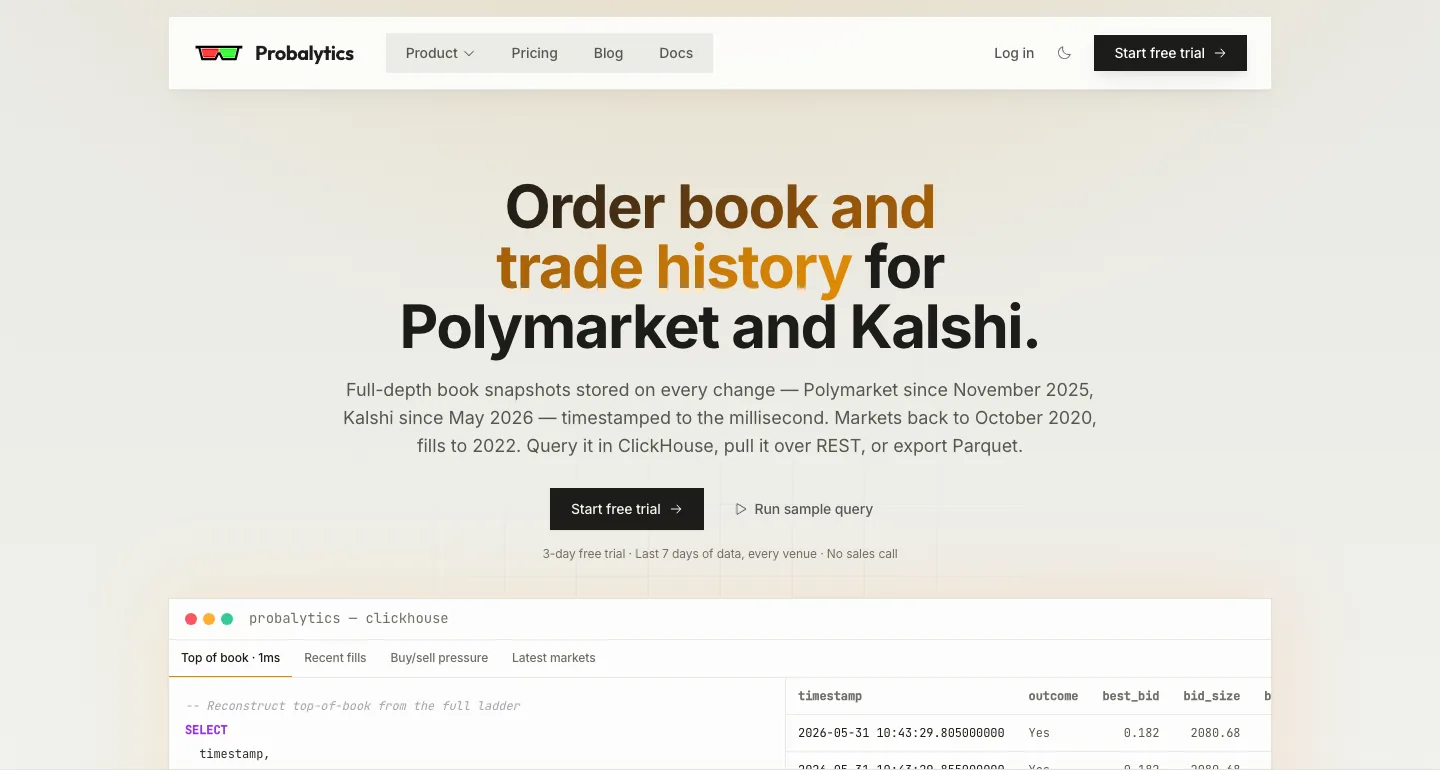 The Probalytics query console, showing full-depth Polymarket and Kalshi order-book snapshots stored on every change and queried in ClickHouse SQL.